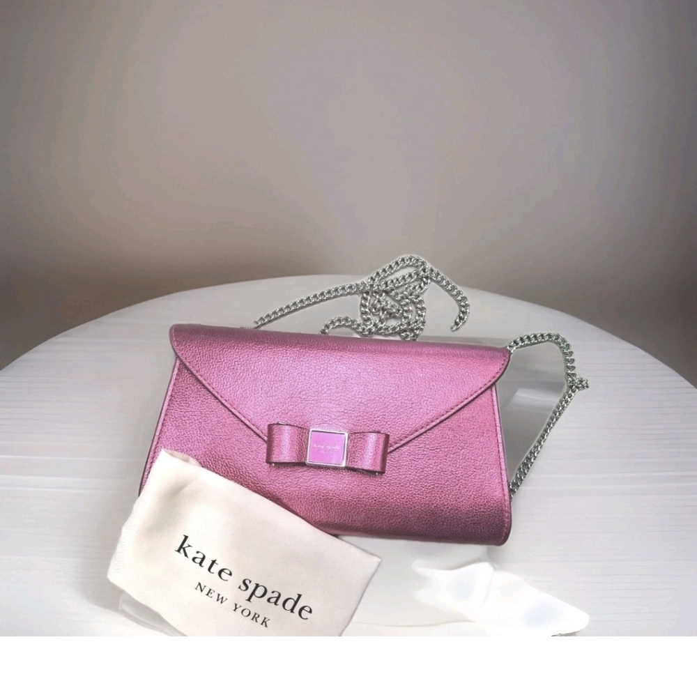 Kate Spade Metallic Pebble Envelope XBody Morgan Bow Bikini Pink NWT 24 " Chain
